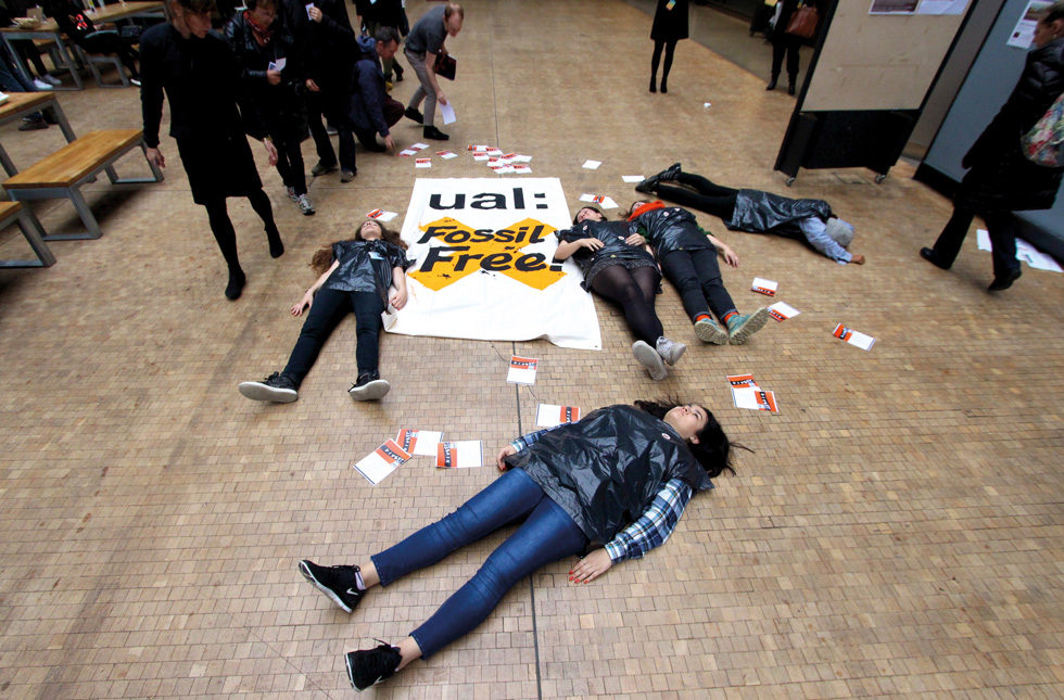 Fossil Free ‘Die-in’, Divest UAL, Central Saint Martins, London (29 October 2015). Photograph: Georgia Brown.